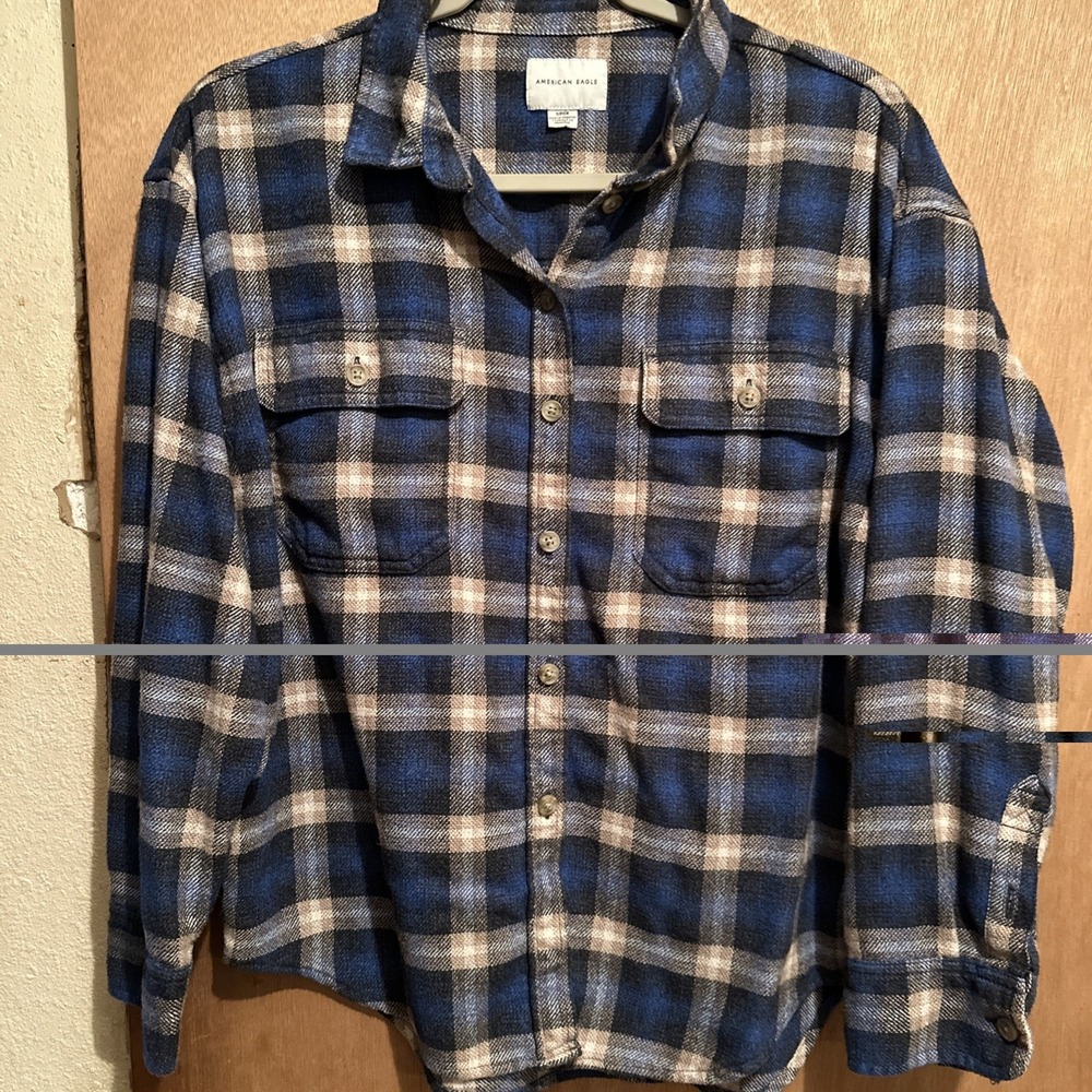 American Eagle Flannel Plaid Button-Up Shirt Blue Womens Small Long Sleeve